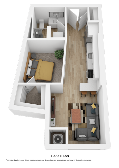Floor plan for 1 bed, 1 bath, 602 sqft